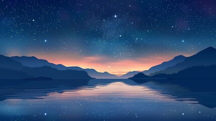 Night Sky: A peaceful illustration of the night sky over a calm lake