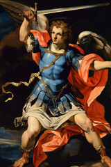 Fototapeta premium Archangel Saint Michael in a heroic pose holding his sword
