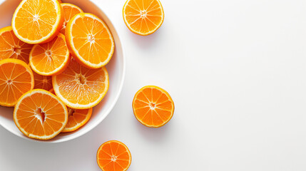 Orange slices in a bowl on a white table aerial view space on the right