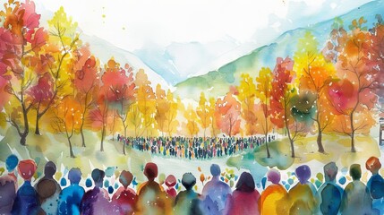The Sermon on the Mount, illustrated with a large gathering of people in vibrant, varied watercolor washes