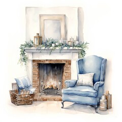 Cozy winter living room with fireplace, armchair and Christmas decorations. Hand drawn watercolor illustration