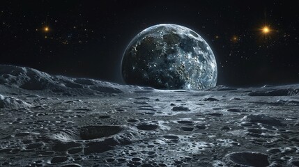 Planet: An illustration of the Moon, depicting its cratered surface and Earthrise view - obrazy, fototapety, plakaty