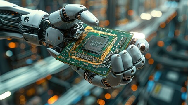 High tech authentic robot arm holding a contemporary supercomputer processor. A robotic manipulator with an end effector holding a CPU chip. Generative AI.