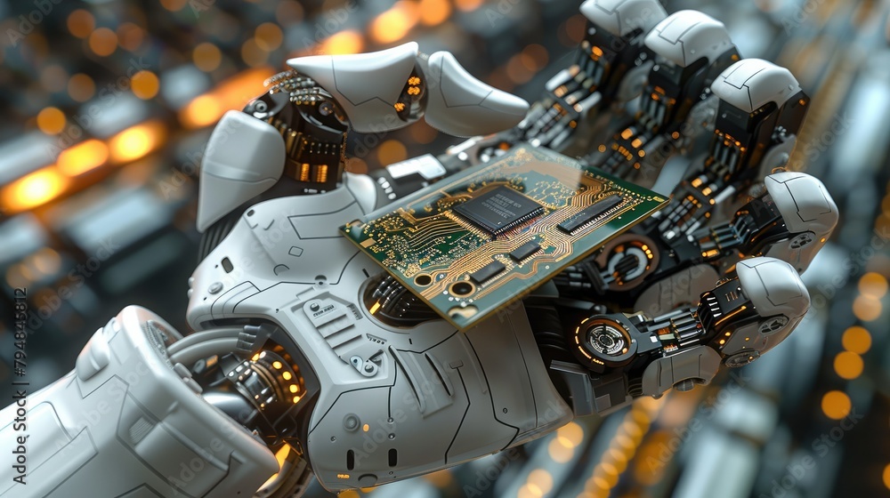 Poster high tech authentic robot arm holding a contemporary supercomputer processor. a robotic manipulator 