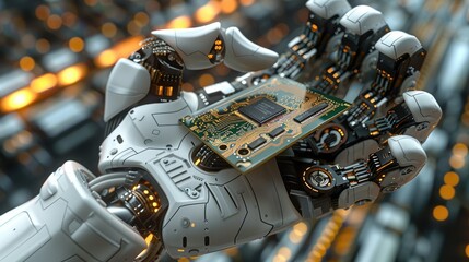 High tech authentic robot arm holding a contemporary supercomputer processor. A robotic manipulator with an end effector holding a CPU chip. Generative AI.