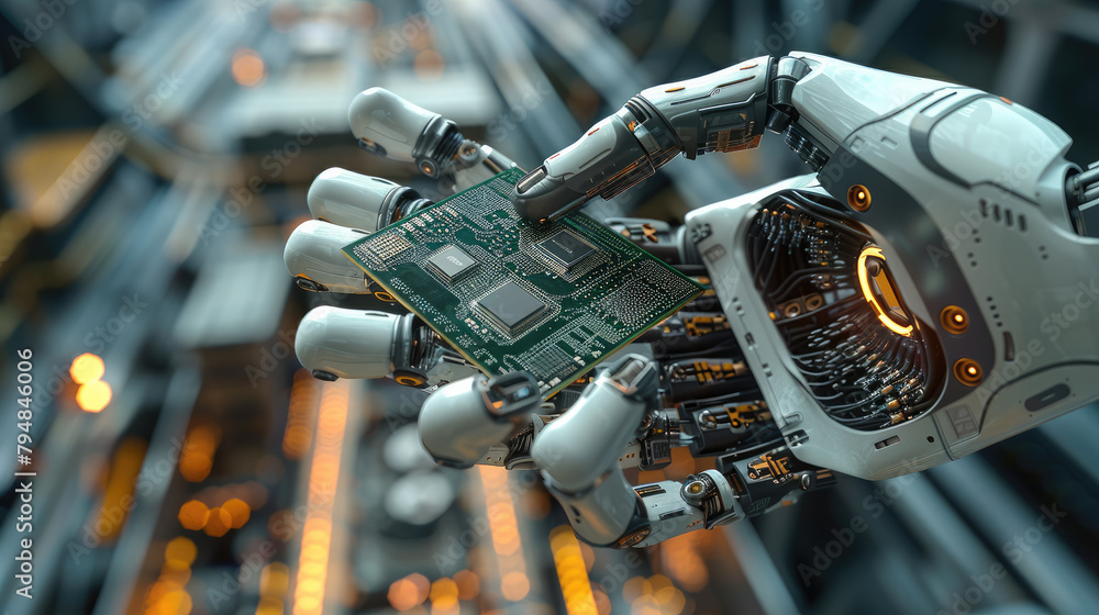 Leinwandbilder High tech authentic robot arm holding a contemporary supercomputer processor. A robotic manipulator with an end effector holding a CPU chip. Generative AI.