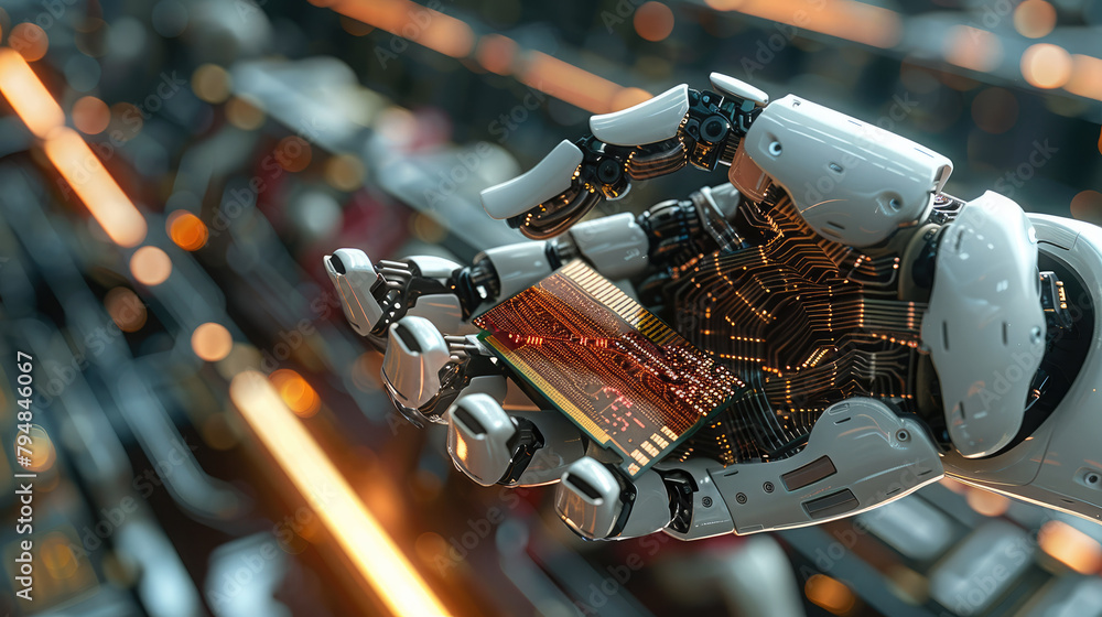 Poster High tech authentic robot arm holding a contemporary supercomputer processor. A robotic manipulator with an end effector holding a CPU chip. Generative AI.