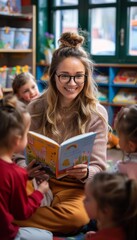 Kindergarten teacher reading book to kids. Children listening to teacher reading.