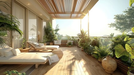 Fototapeta premium Plenty of sunshine balcony, big space. Generative AI.