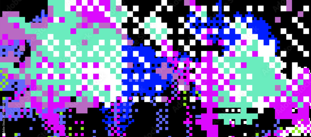 Leinwandbilder Bright vibrant neon background with pixel glitches and flickers. Concept vector illustration of a broken program code or malware damage. 
