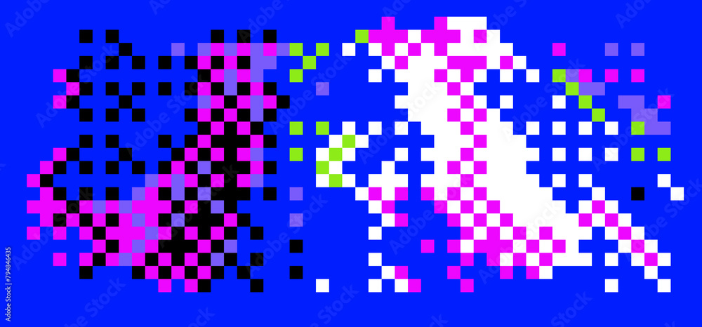 Aufkleber Bright vibrant neon background with pixel glitches and flickers. Concept vector illustration of a broken program code or malware damage. 