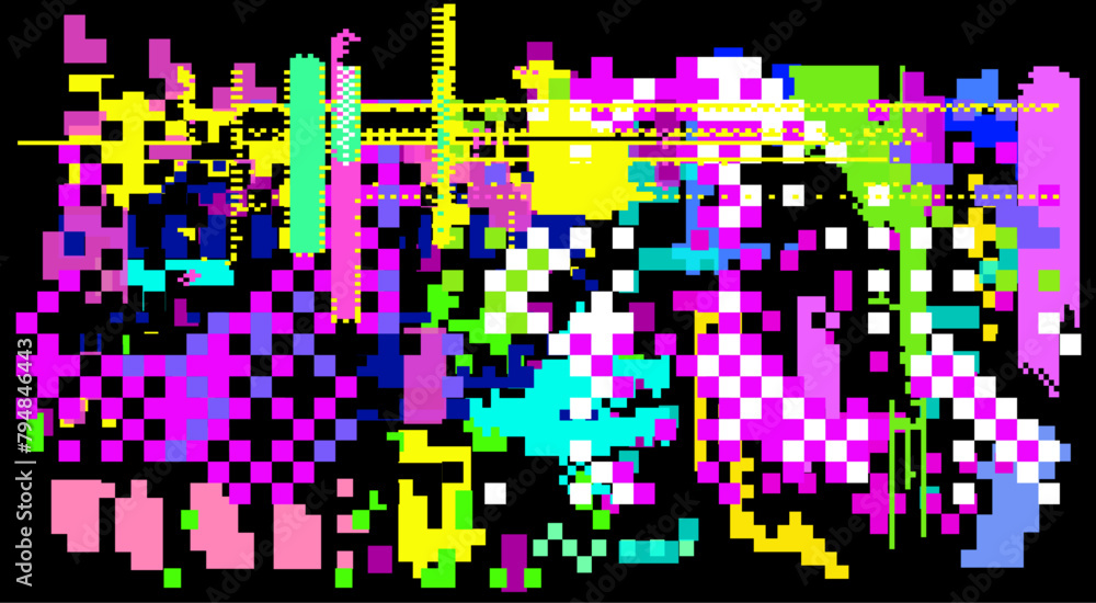 Leinwandbilder Bright vibrant neon background with pixel glitches and flickers. Concept vector illustration of a broken program code or malware damage. 