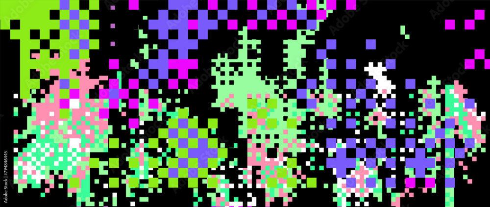 Aufkleber Bright vibrant neon background with pixel glitches and flickers. Concept vector illustration of a broken program code or malware damage. 