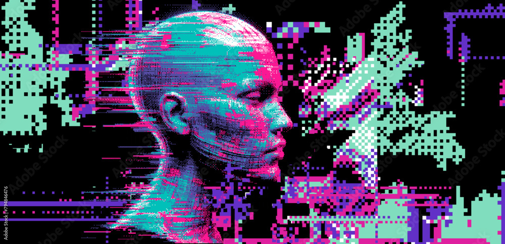 Poster pixelated silhouette of a 3d human head in neon colors on a dark background. conceptual vector illus