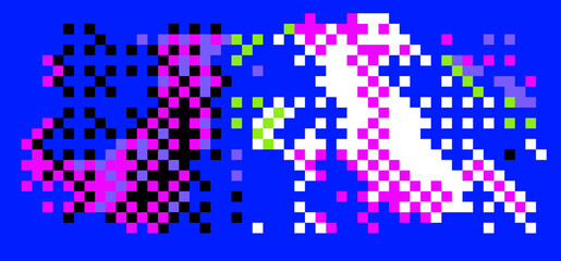 Bright vibrant neon background with pixel glitches and flickers. Concept vector illustration of a broken program code or malware damage. 