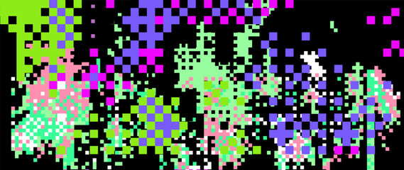 Bright vibrant neon background with pixel glitches and flickers. Concept vector illustration of a broken program code or malware damage. 