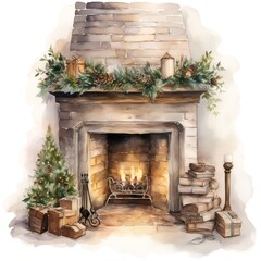 Watercolor illustration of a fireplace with a Christmas tree and gifts.