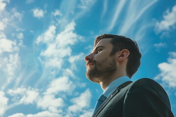 An executive in a contemplative pose, gazing into the distance, framed against a calming sky blue backdrop.
