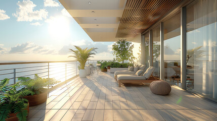 Obraz premium Plenty of sunshine balcony, big space. Generative AI.