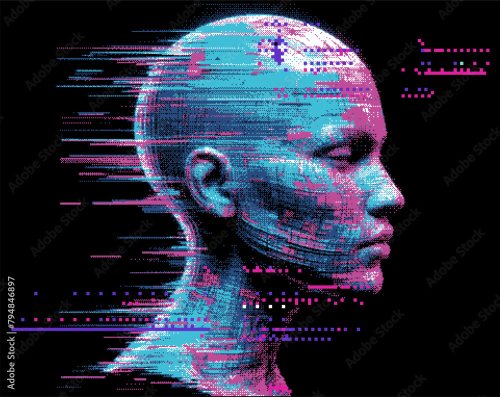 Poster pixelated silhouette of a 3d human head in neon colors on a dark background. conceptual vector illus