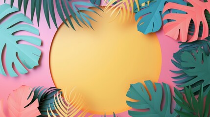 Colorful tropical leaves papercut background with copyspace for text. Craft origami exotic foliage from tropics summer beach decoration with blank round empty space