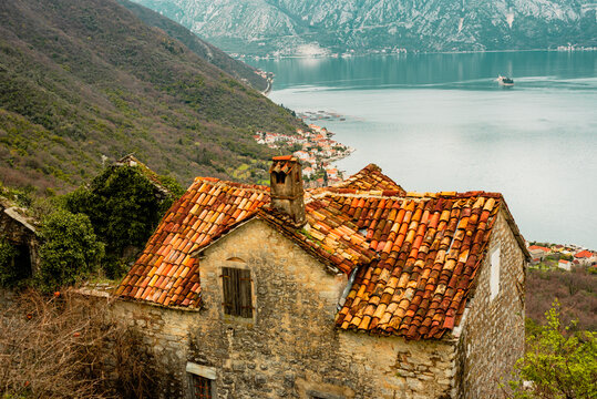 Old abandoned house with a tiled roof. Mountain village Stoliv Montenegro