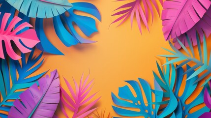 Colorful tropical leaves papercut background with copyspace for text. Craft origami exotic foliage from tropics summer beach decoration with blank round empty space