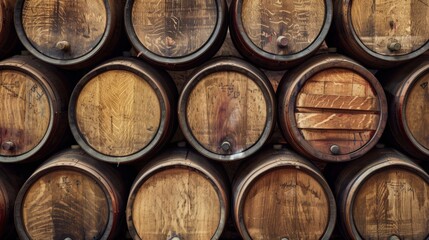 Obraz premium Background of wooden wine casks neatly arranged in a cellar