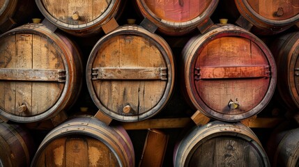 Obraz premium Background of wooden wine casks neatly arranged in a cellar