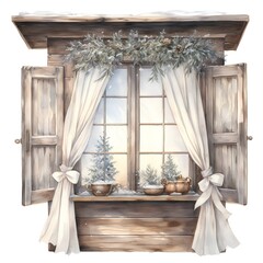 Beautiful wooden window with snowflakes. Watercolor illustration.