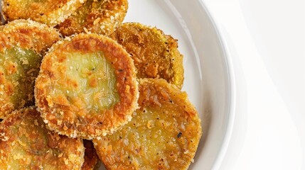 Delicious and crispy fried green tomatoes from above, tangy with a slight tartness, cornmeal-coated, studio shot on an isolated background
