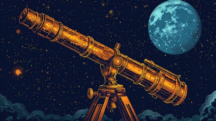 Naklejka premium Telescope: An illustration of a classic refracting telescope, reminiscent of early astronomical instruments