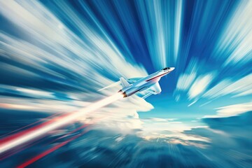 An airplane streaking through the sky at supersonic speeds.
