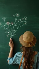 Back view of woman with drawn flowers on a green chalkboard. Chalkboard with copy space for text.