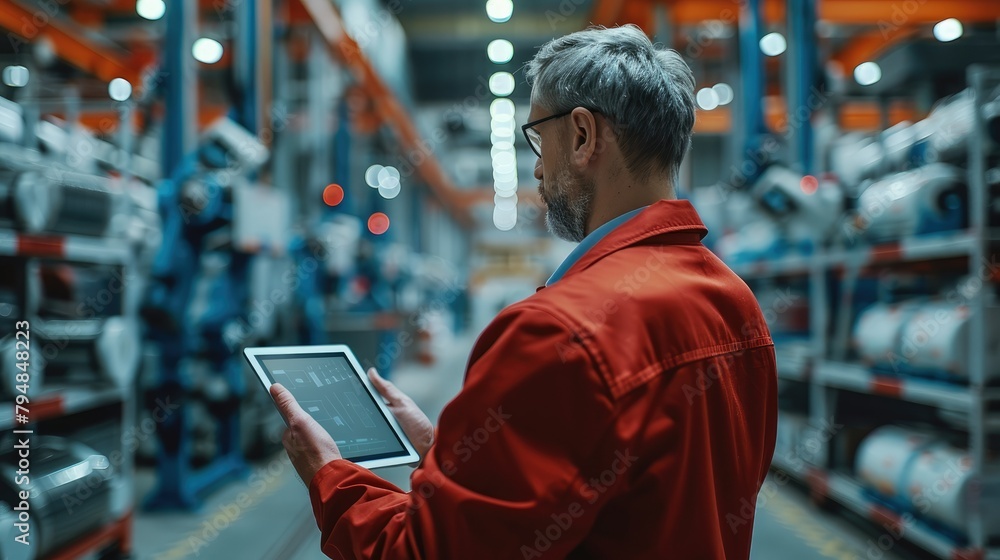 Poster production manager holding a tablet overseeing the modern factory with robot arms, red and light gre