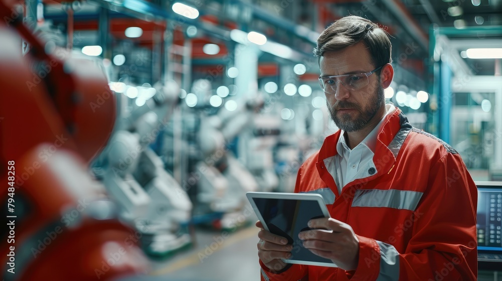 Poster production manager holding a tablet overseeing the modern factory with robot arms, red and light gre