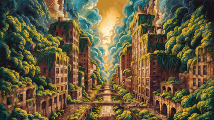 Naklejka premium A testament to nature's power to reclaim what was once man-made. An abandoned city with vibrant colors and lush greenery covering buildings and streets. 