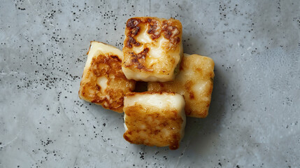 Crispy fried halloumi cheese on a sleek grey background, illuminated with bright lighting, showcasing its golden-brown exterior and tender, gooey texture.
