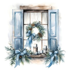 Watercolor Christmas window. Hand drawn illustration on a white background.