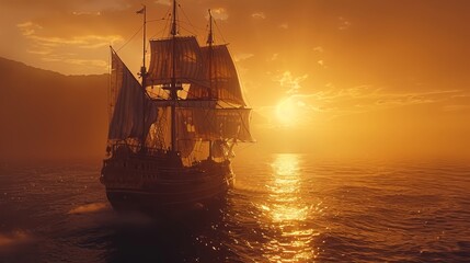 Fototapeta premium A pirate ship sails on the open sea at sunset.