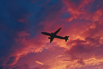 Fototapeta na wymiar An airplane silhouette against a vibrant sunset sky.