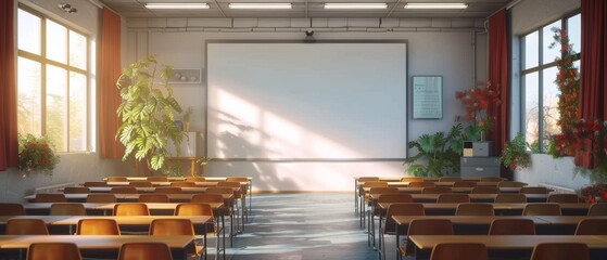 Empty classroom with projector screen. Whiteboard mockup in classroom with copy space for text.