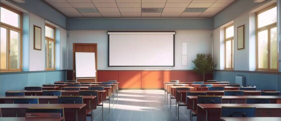 Modern classroom with projector screen. Empty classroom with whiteboard and copy space for text.