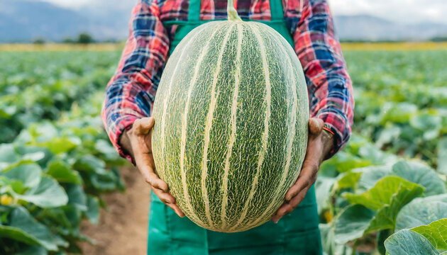 Farmer holding rmelon. Record sized rmelon, Farmer and harvest concept