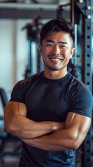 Fototapeta premium Japanese Male Personal Trainer Smiling with Gym Background