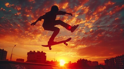 A skateboarder jumps over a rail with the sun setting in the background.