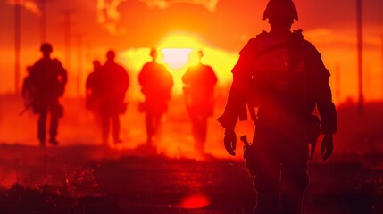 A soldier walks in front of a setting sun, his comrades following behind. - obrazy, fototapety, plakaty