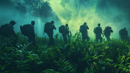 A squad of soldiers is walking through a dense jungle.