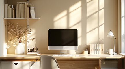 The desk is against the wall. There are computers and books on the desk. The scene is beige, gentle, light and shadow, daytime. Generative AI.