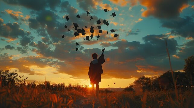 A student is throwing their graduation cap in the air as the sun sets.